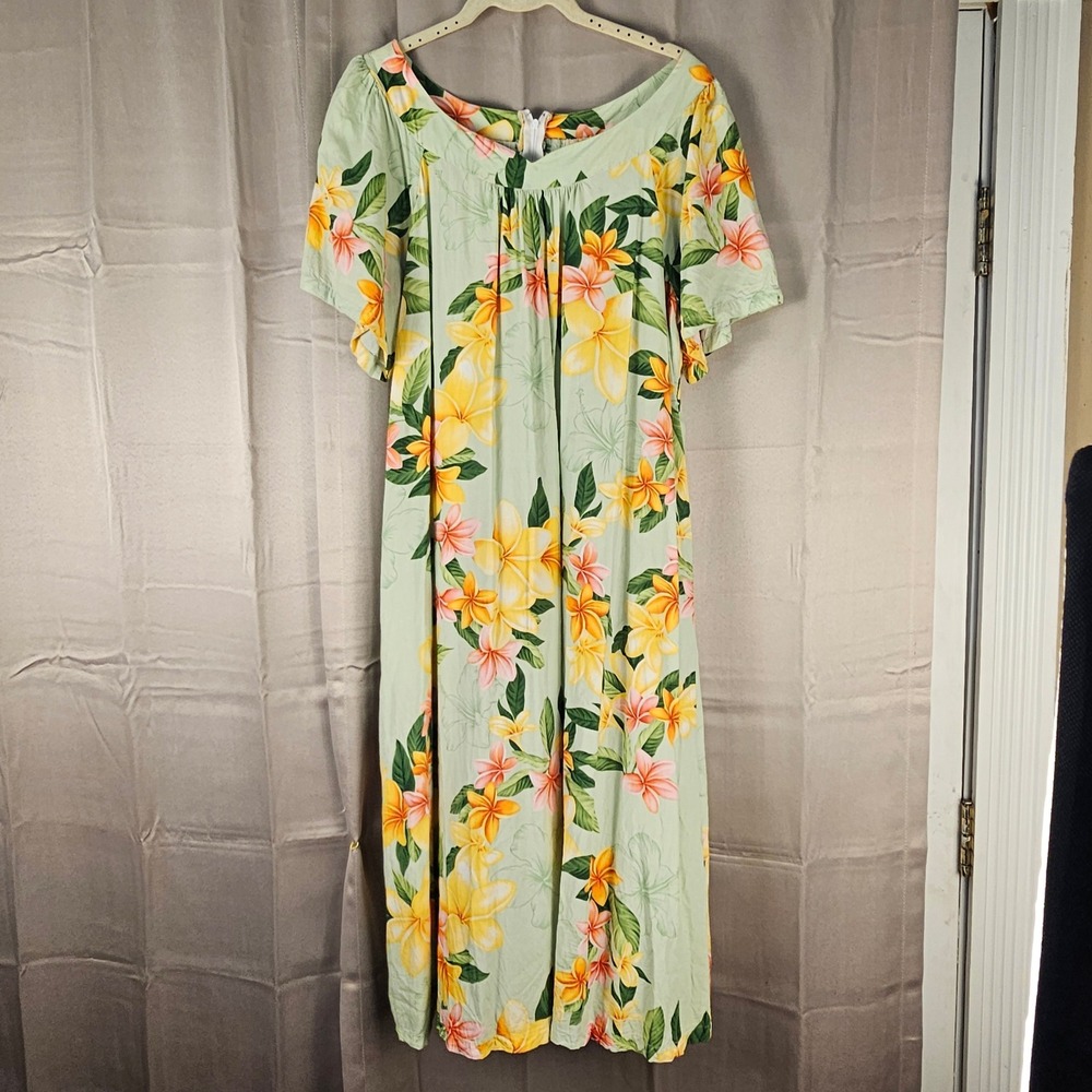 Ho‎ Aloha Womens Green Floral Hawaiian Dress XL